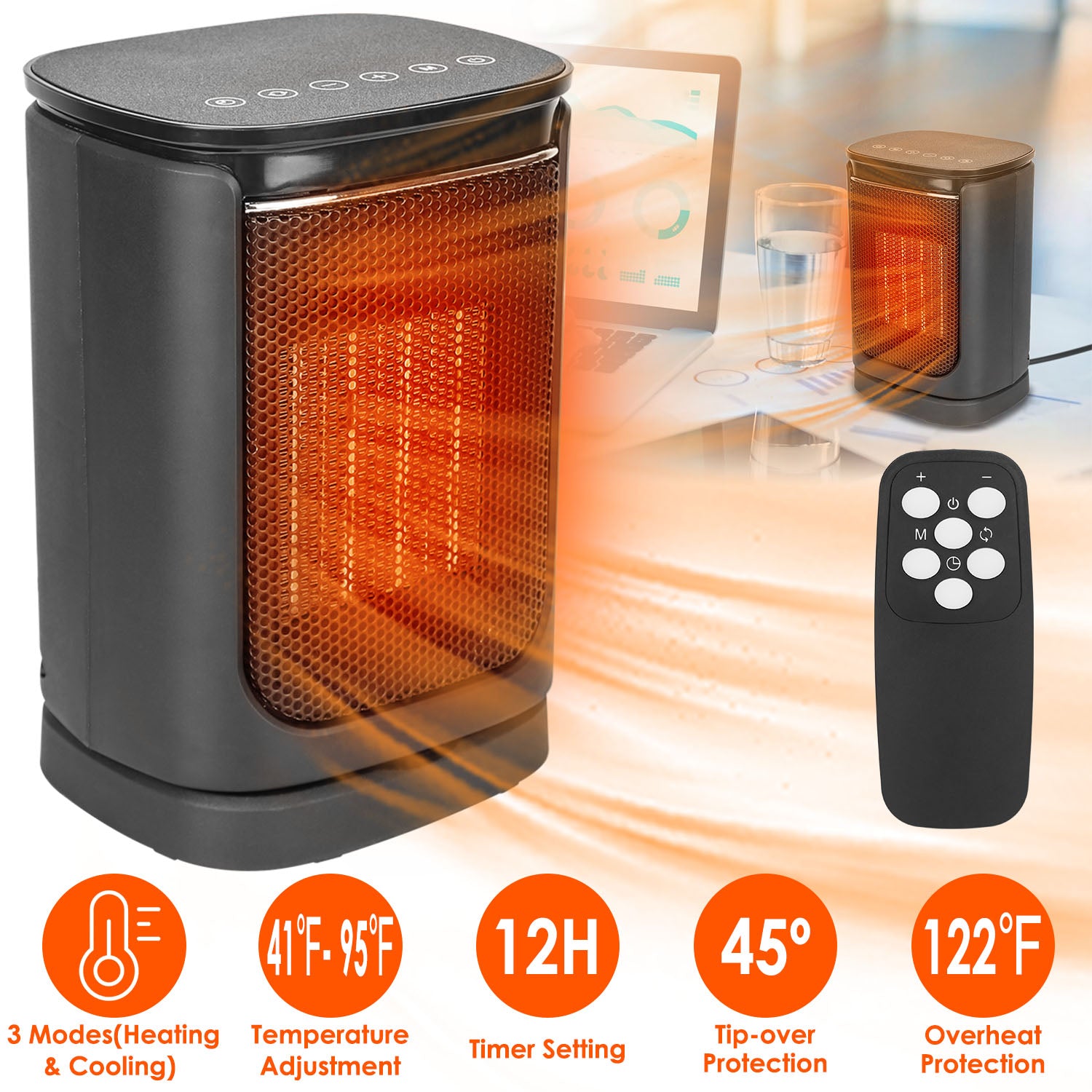 1500W Electric Space Heater Ceramic Heater Fan 90 Degree Oscillating Heating Fan With 3 Modes Remote Control Digital Display Tip-over Overheating Protection For Home Office