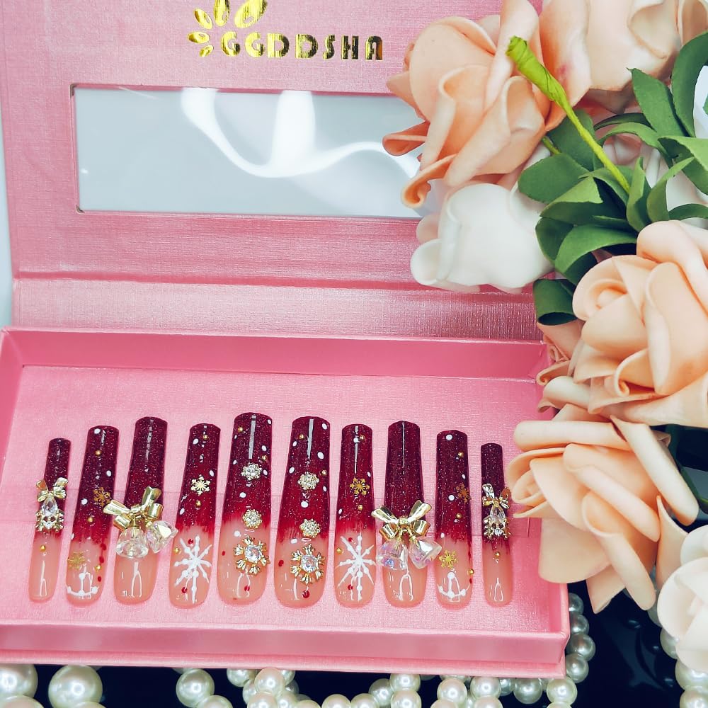 GGddsha Long Handmade PMMA Acrylic Nails Red WithSnowflake Rhinestone Bell Design Reusable Full CoverageFalse Nail Ladies False Nail Set,Lumiere Neige