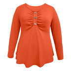 Plus Size V-Neck Tunic Top - Loose Fit Casual Blouse With Button Detail & Pleats For Spring Fall
