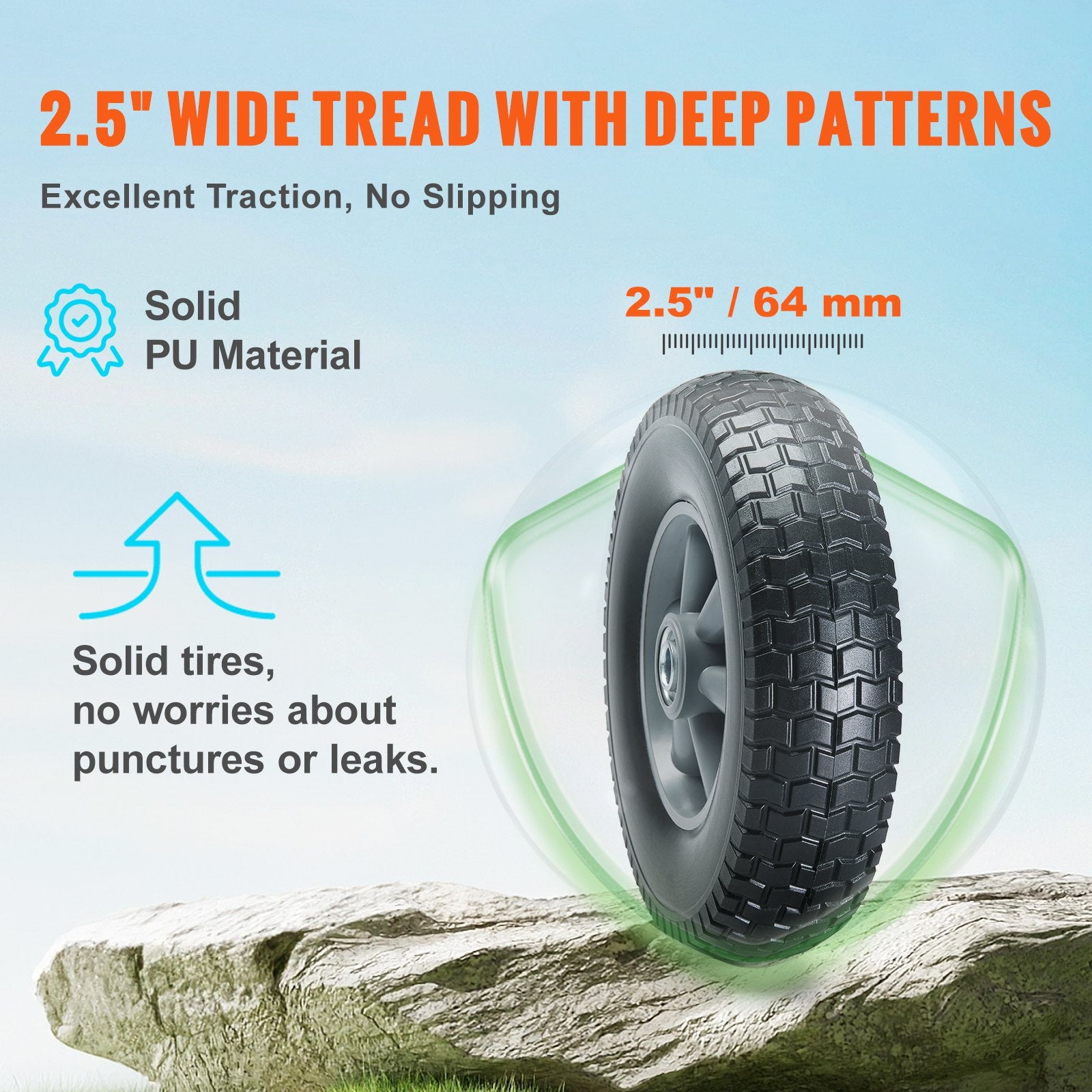 Solid PU Run-Flat Tire Wheel, 10', 2-Pack, 180 Lbs Dynamic Load, 220 Lbs Static Load, Flat Free Tubeless Tires And Wheels For Hand Truck, Utility Cart, Dollies, Garden Trailers, Various Carts