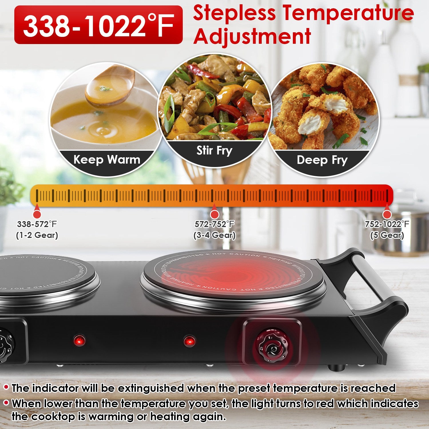 1800W Electric Double Burner Portable Heating Hot Plate Stove Countertop RV Hotplate With 5 Temperature Stepless Adjustments Portable Handles